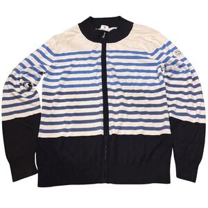 Daily Sports Sweden Womens L Blue White Striped Full Zip Golf Sweater Viscose
